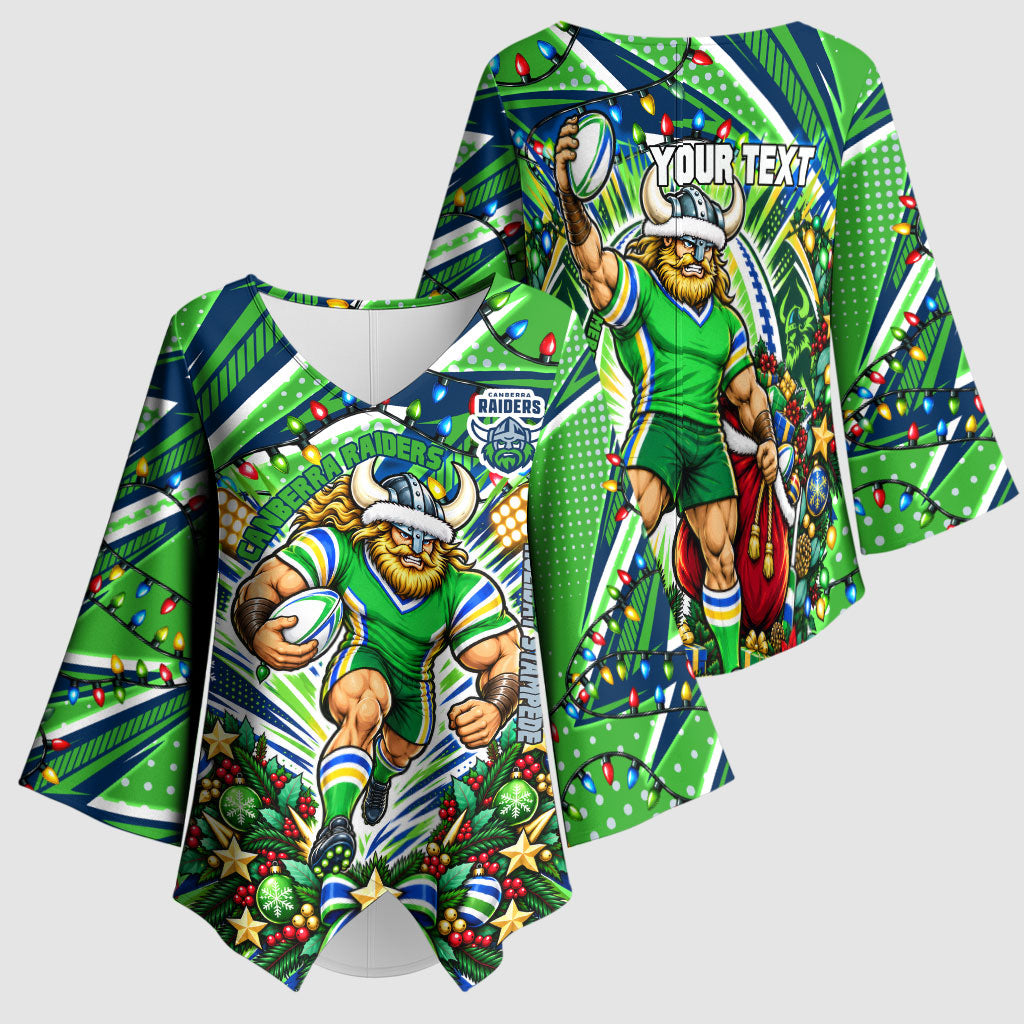 Personalized Canberra Raiders Rugby Christmas Kimono Sleeve Blouse Holiday Mascot Graphic Art Festive Lights Bow