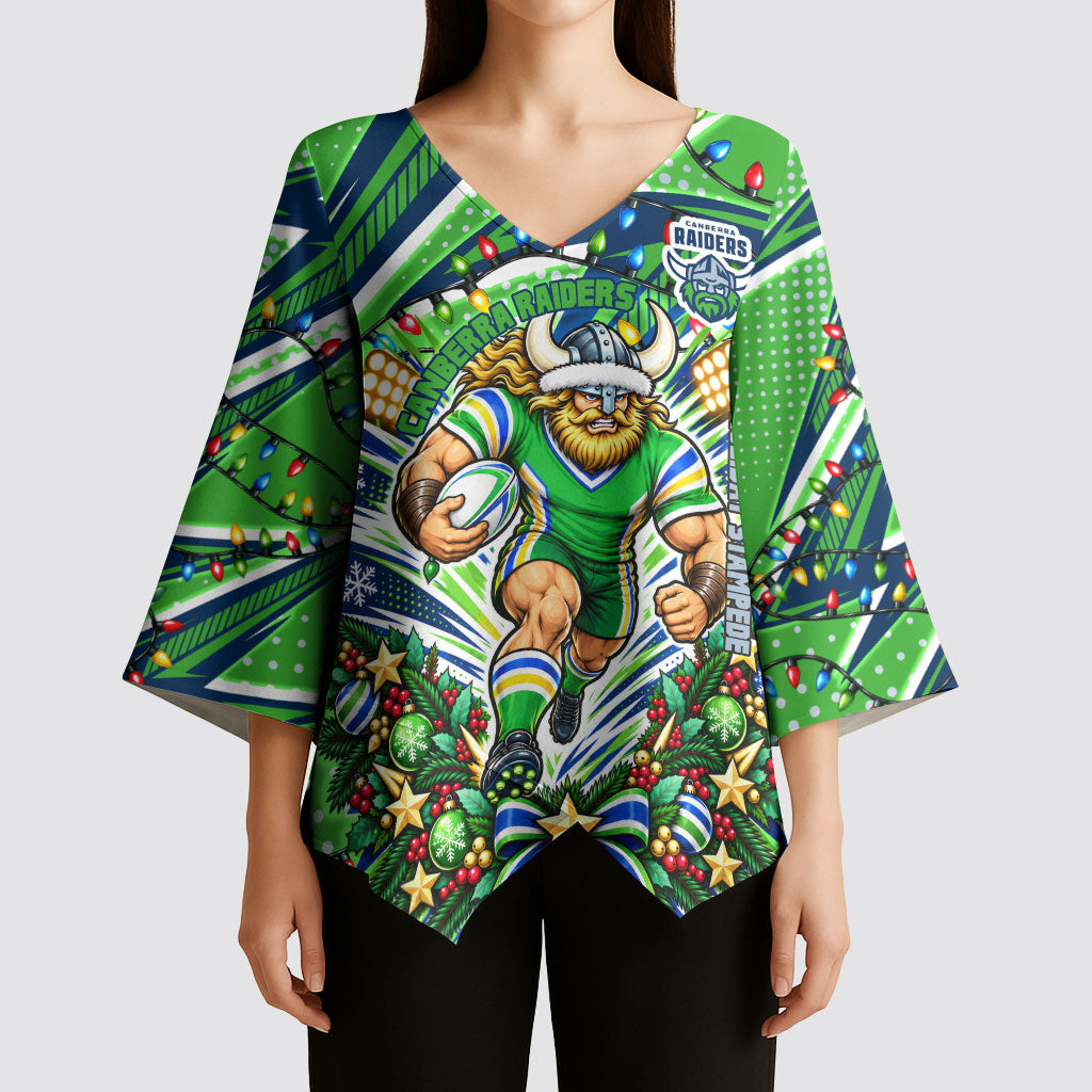 Personalized Canberra Raiders Rugby Christmas Kimono Sleeve Blouse Holiday Mascot Graphic Art Festive Lights Bow