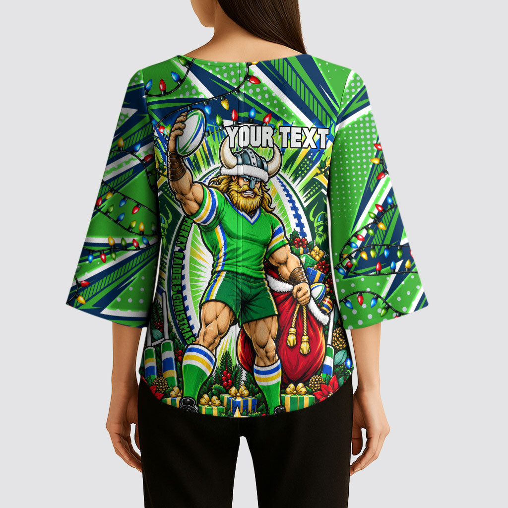 Personalized Canberra Raiders Rugby Christmas Kimono Sleeve Blouse Holiday Mascot Graphic Art Festive Lights Bow