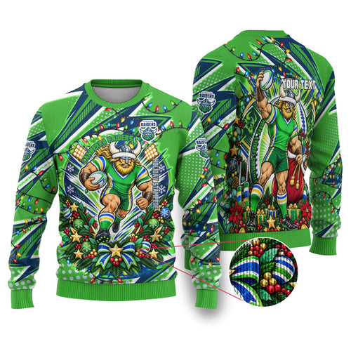 Personalized Canberra Raiders Rugby Christmas Ugly Christmas Sweater Holiday Mascot Graphic Art Festive Lights Bow