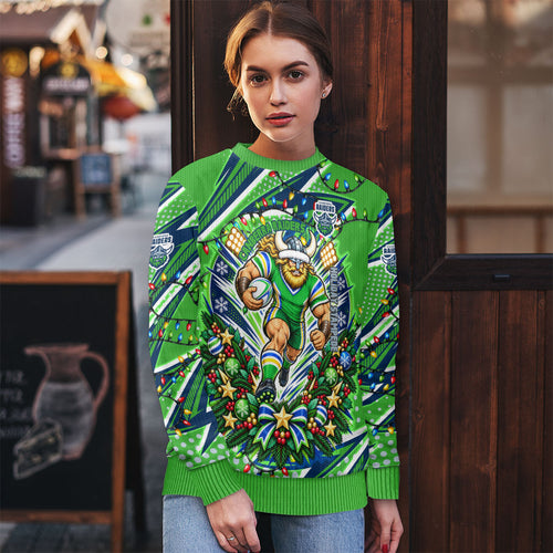 Personalized Canberra Raiders Rugby Christmas Ugly Christmas Sweater Holiday Mascot Graphic Art Festive Lights Bow