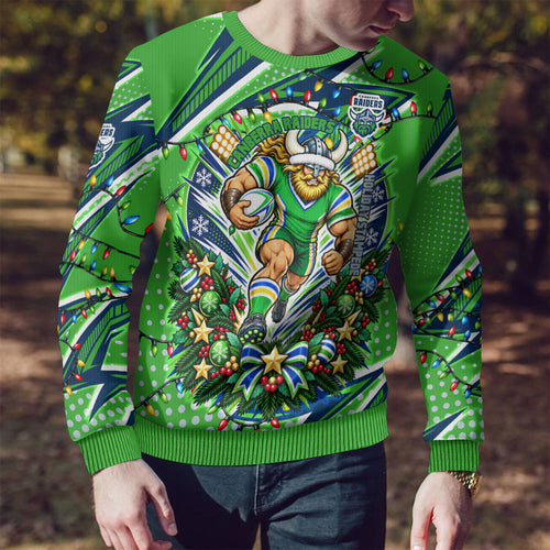 Personalized Canberra Raiders Rugby Christmas Ugly Christmas Sweater Holiday Mascot Graphic Art Festive Lights Bow