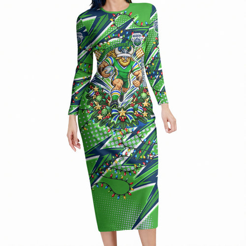 Personalized Canberra Raiders Rugby Christmas Long Sleeve Bodycon Dress Holiday Mascot Graphic Art Festive Lights Bow