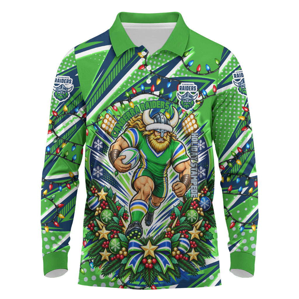 Personalized Canberra Raiders Rugby Christmas Long Sleeve Polo Shirt Holiday Mascot Graphic Art Festive Lights Bow