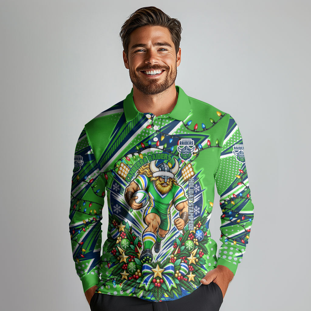 Personalized Canberra Raiders Rugby Christmas Long Sleeve Polo Shirt Holiday Mascot Graphic Art Festive Lights Bow