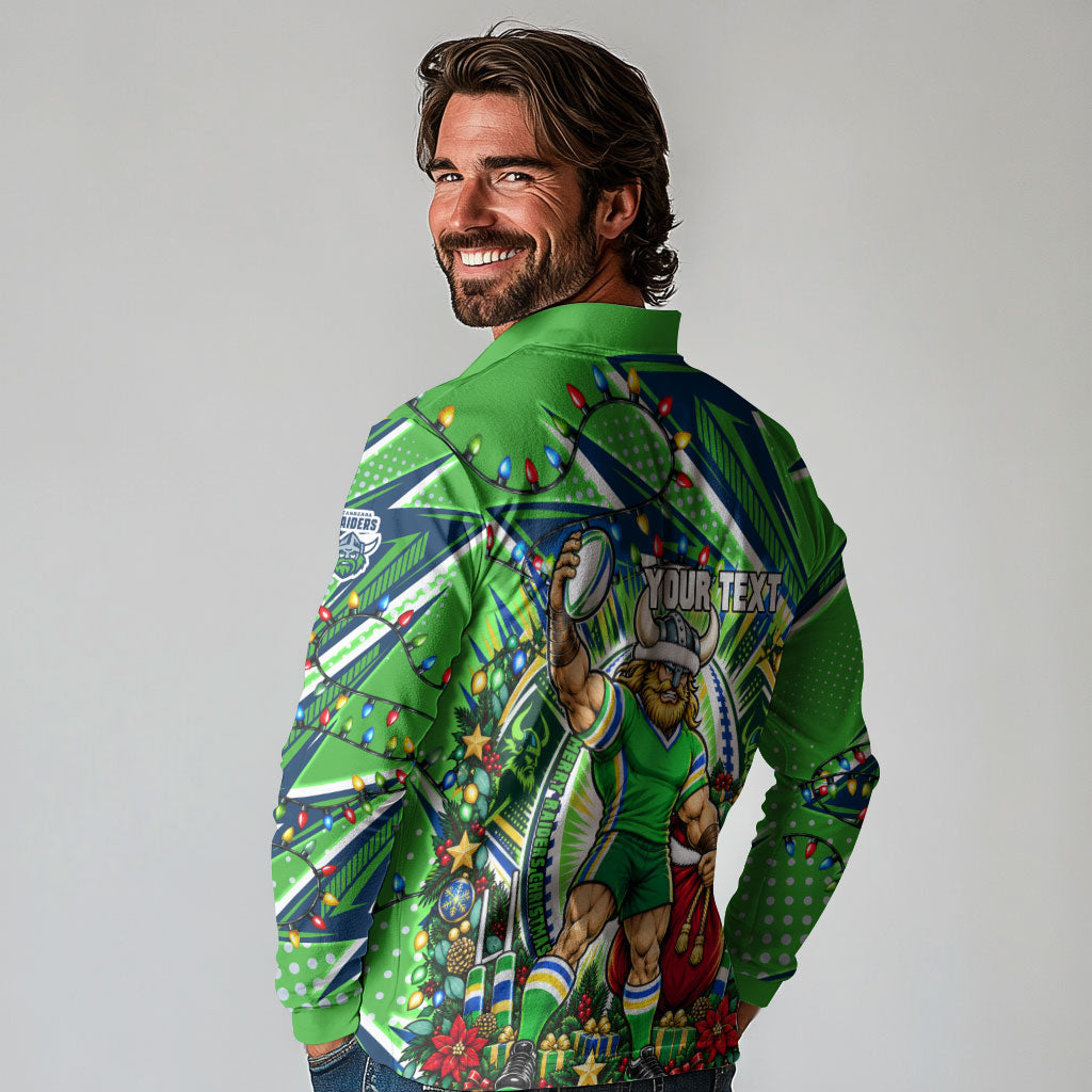 Personalized Canberra Raiders Rugby Christmas Long Sleeve Polo Shirt Holiday Mascot Graphic Art Festive Lights Bow