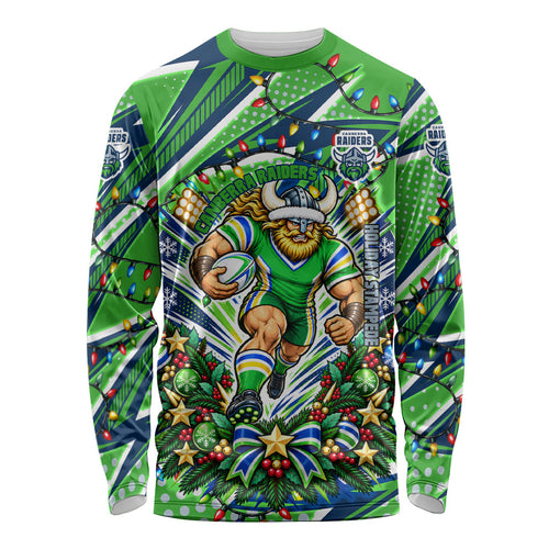 Personalized Canberra Raiders Rugby Christmas Long Sleeve Shirt Holiday Mascot Graphic Art Festive Lights Bow