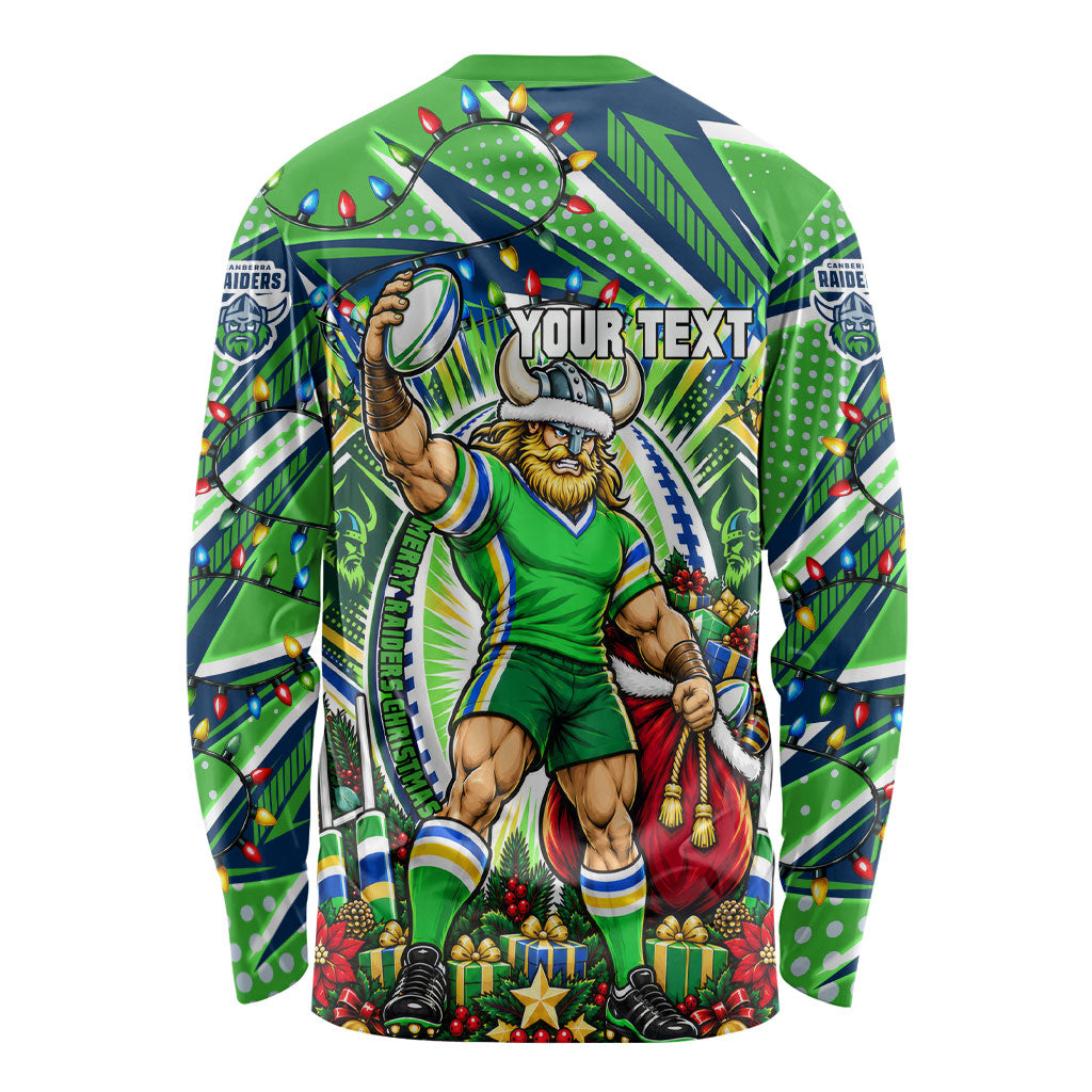 Personalized Canberra Raiders Rugby Christmas Long Sleeve Shirt Holiday Mascot Graphic Art Festive Lights Bow