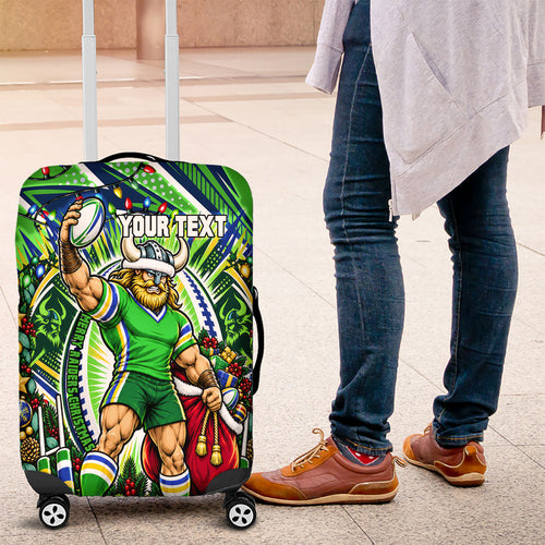 Personalized Canberra Raiders Rugby Christmas Luggage Cover Holiday Mascot Graphic Art Festive Lights Bow