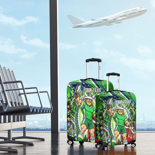 Personalized Canberra Raiders Rugby Christmas Luggage Cover Holiday Mascot Graphic Art Festive Lights Bow