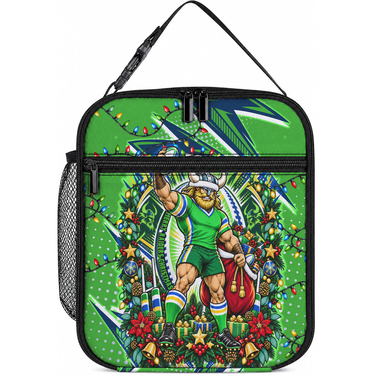 Personalized Canberra Raiders Rugby Christmas Lunch Bag Holiday Mascot Graphic Art Festive Lights Bow