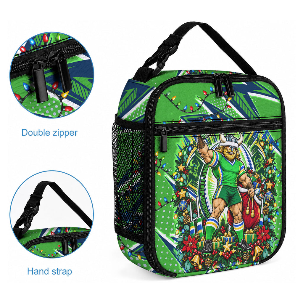 Personalized Canberra Raiders Rugby Christmas Lunch Bag Holiday Mascot Graphic Art Festive Lights Bow