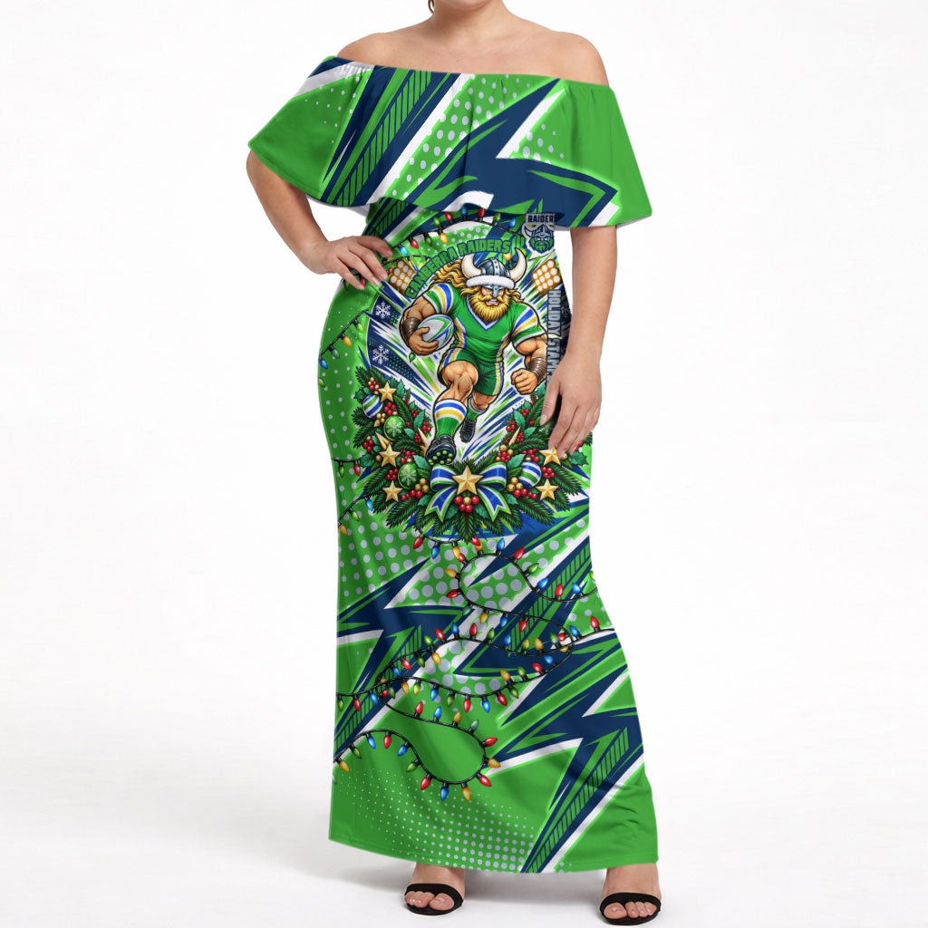 Personalized Canberra Raiders Rugby Christmas Off Shoulder Maxi Dress Holiday Mascot Graphic Art Festive Lights Bow