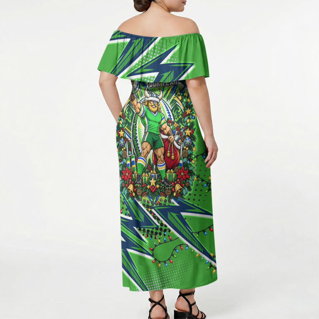 Personalized Canberra Raiders Rugby Christmas Off Shoulder Maxi Dress Holiday Mascot Graphic Art Festive Lights Bow