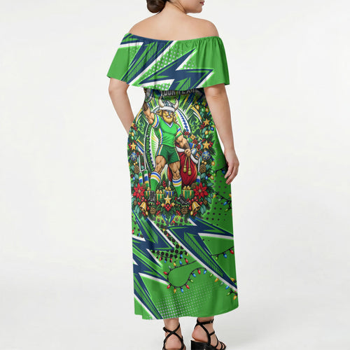 Personalized Canberra Raiders Rugby Christmas Off Shoulder Maxi Dress Holiday Mascot Graphic Art Festive Lights Bow