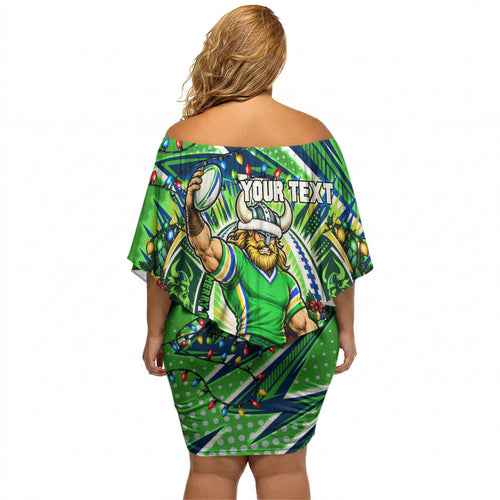 Personalized Canberra Raiders Rugby Christmas Off Shoulder Short Dress Holiday Mascot Graphic Art Festive Lights Bow