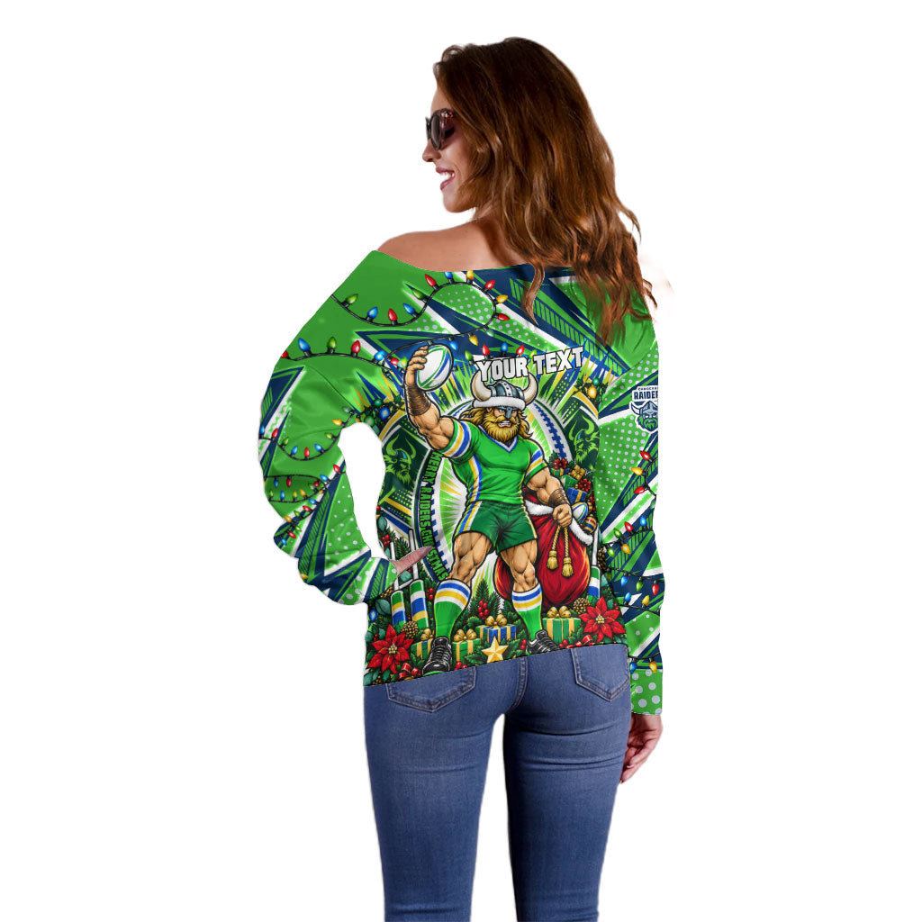 Personalized Canberra Raiders Rugby Christmas Off Shoulder Sweater Holiday Mascot Graphic Art Festive Lights Bow
