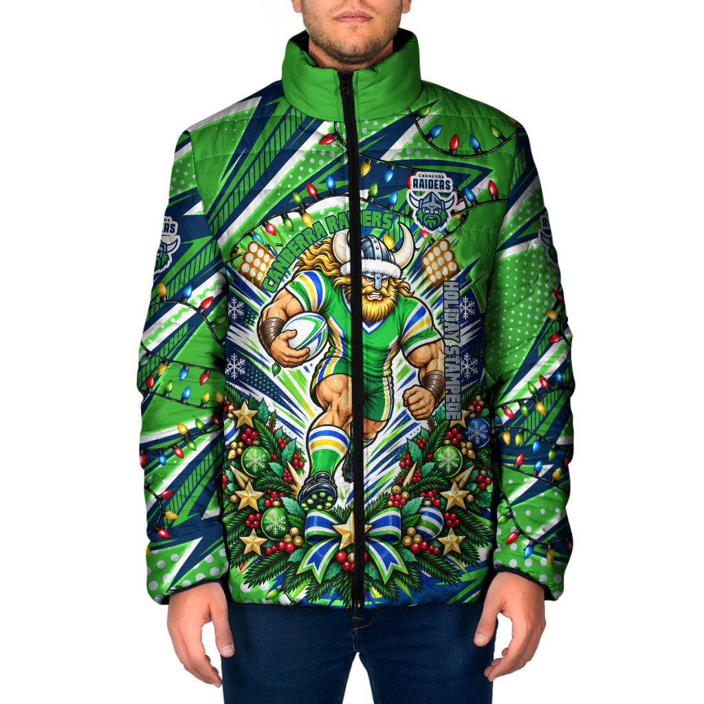 Personalized Canberra Raiders Rugby Christmas Padded Jacket Holiday Mascot Graphic Art Festive Lights Bow
