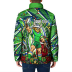 Personalized Canberra Raiders Rugby Christmas Padded Jacket Holiday Mascot Graphic Art Festive Lights Bow