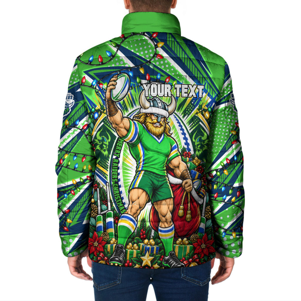 Personalized Canberra Raiders Rugby Christmas Padded Jacket Holiday Mascot Graphic Art Festive Lights Bow