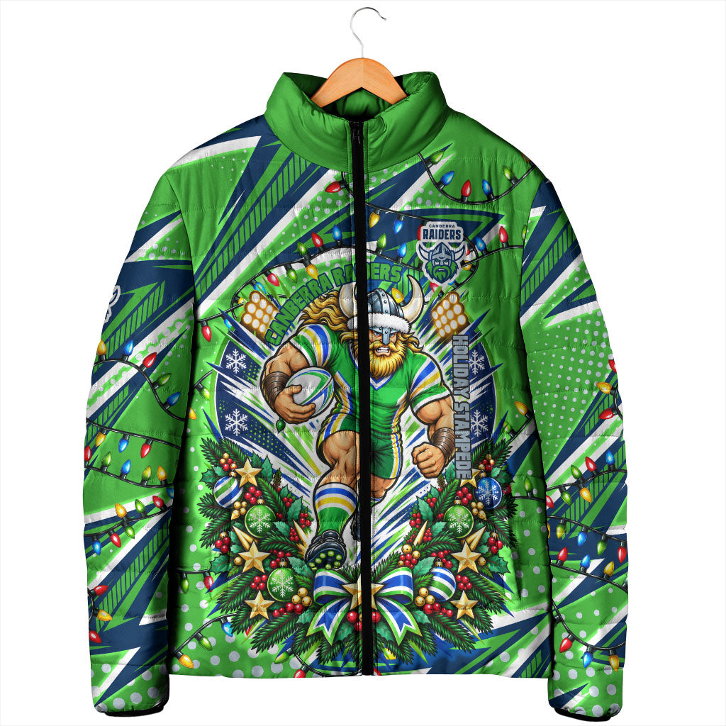 Personalized Canberra Raiders Rugby Christmas Padded Jacket Holiday Mascot Graphic Art Festive Lights Bow
