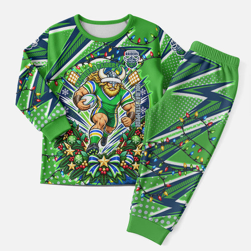 Personalized Canberra Raiders Rugby Christmas Pajama Set Holiday Mascot Graphic Art Festive Lights Bow
