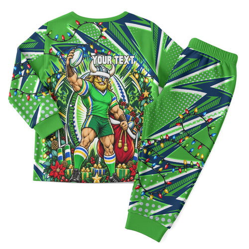 Personalized Canberra Raiders Rugby Christmas Pajama Set Holiday Mascot Graphic Art Festive Lights Bow