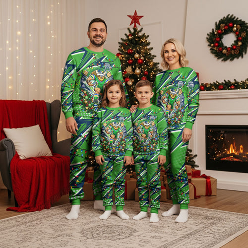 Personalized Canberra Raiders Rugby Christmas Pajama Set Holiday Mascot Graphic Art Festive Lights Bow