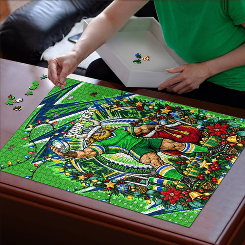 Personalized Canberra Raiders Rugby Christmas Puzzle Holiday Mascot Graphic Art Festive Lights Bow