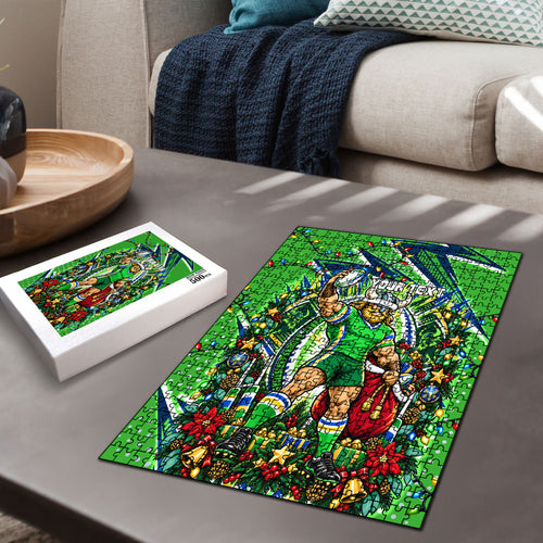 Personalized Canberra Raiders Rugby Christmas Puzzle Holiday Mascot Graphic Art Festive Lights Bow