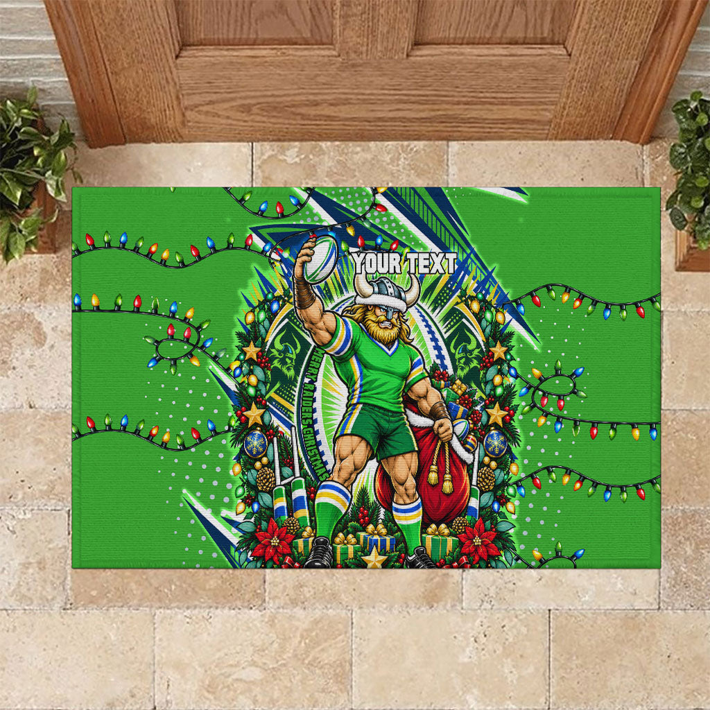 Personalized Canberra Raiders Rugby Christmas Rubber Doormat Holiday Mascot Graphic Art Festive Lights Bow