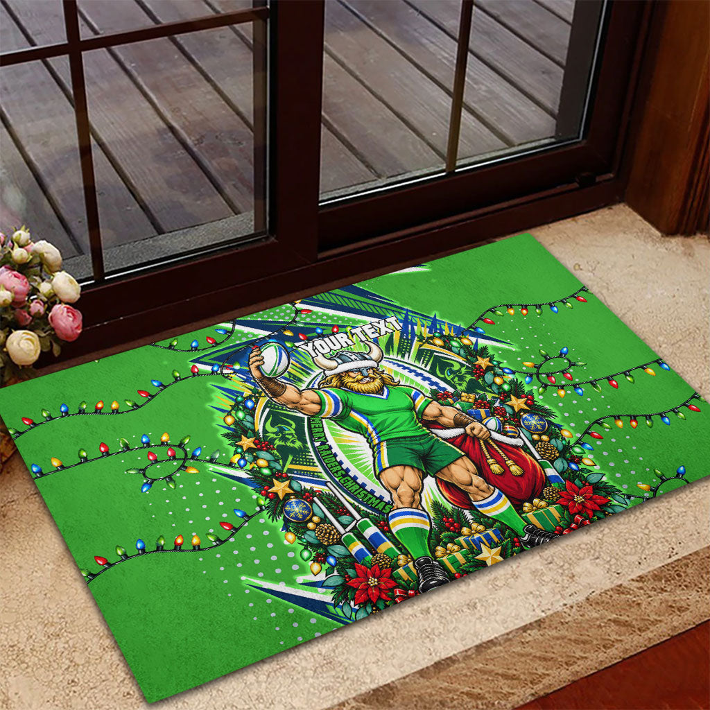 Personalized Canberra Raiders Rugby Christmas Rubber Doormat Holiday Mascot Graphic Art Festive Lights Bow