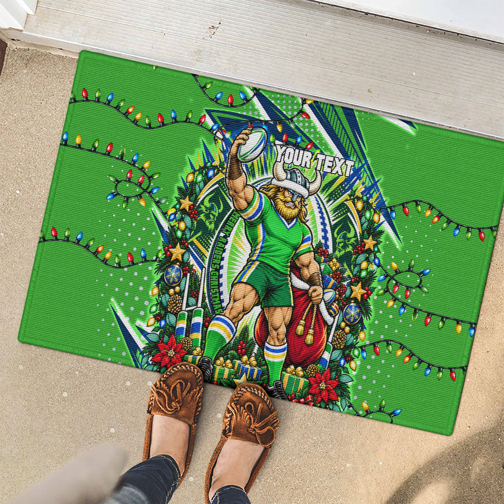 Personalized Canberra Raiders Rugby Christmas Rubber Doormat Holiday Mascot Graphic Art Festive Lights Bow