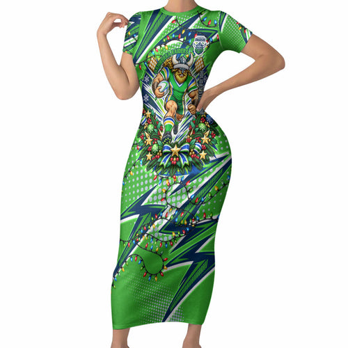 Personalized Canberra Raiders Rugby Christmas Short Sleeve Bodycon Dress Holiday Mascot Graphic Art Festive Lights Bow