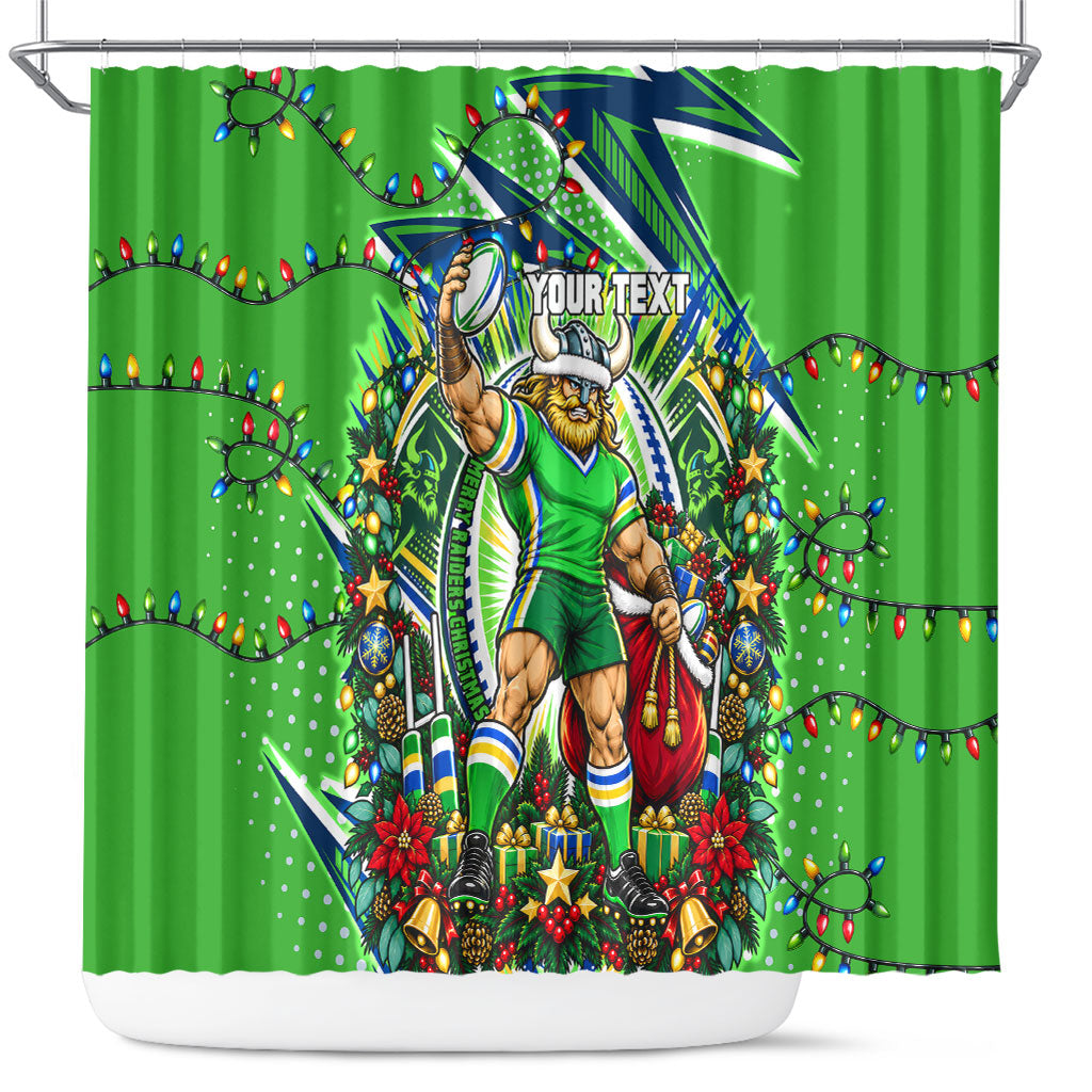 Personalized Canberra Raiders Rugby Christmas Shower Curtain Holiday Mascot Graphic Art Festive Lights Bow
