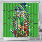 Personalized Canberra Raiders Rugby Christmas Shower Curtain Holiday Mascot Graphic Art Festive Lights Bow