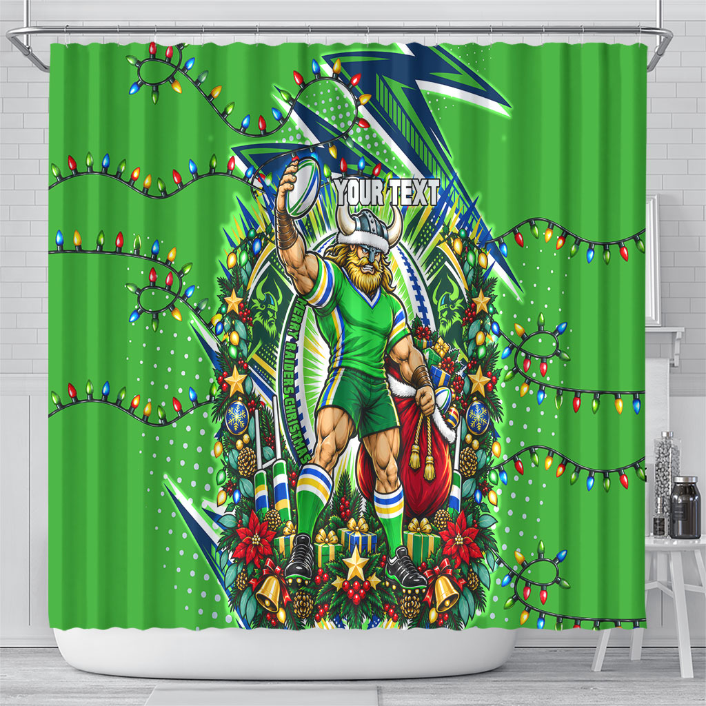 Personalized Canberra Raiders Rugby Christmas Shower Curtain Holiday Mascot Graphic Art Festive Lights Bow