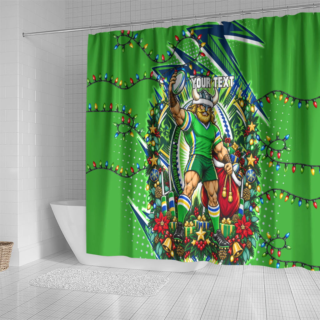 Personalized Canberra Raiders Rugby Christmas Shower Curtain Holiday Mascot Graphic Art Festive Lights Bow