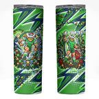 Personalized Canberra Raiders Rugby Christmas Skinny Tumbler Holiday Mascot Graphic Art Festive Lights Bow