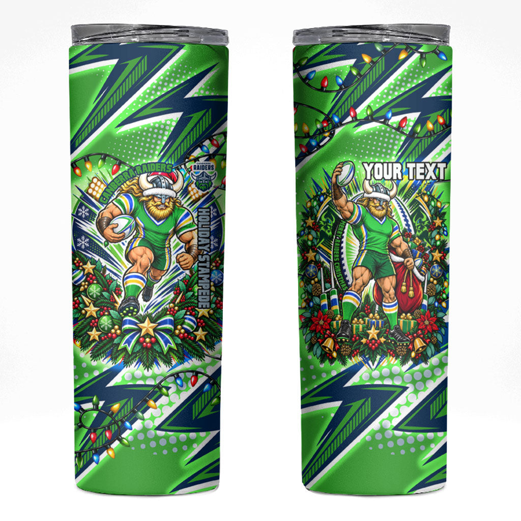 Personalized Canberra Raiders Rugby Christmas Skinny Tumbler Holiday Mascot Graphic Art Festive Lights Bow
