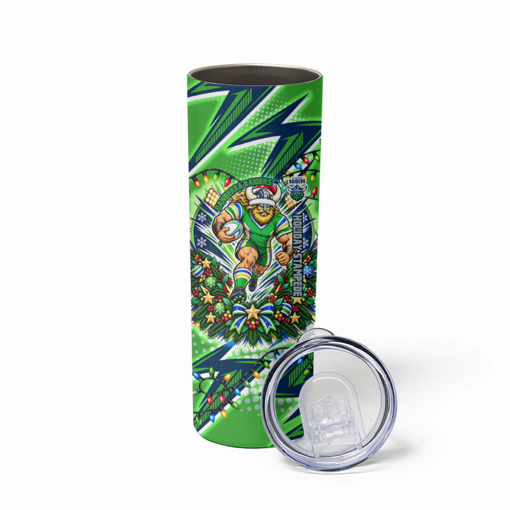 Personalized Canberra Raiders Rugby Christmas Skinny Tumbler Holiday Mascot Graphic Art Festive Lights Bow