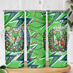 Personalized Canberra Raiders Rugby Christmas Skinny Tumbler Holiday Mascot Graphic Art Festive Lights Bow