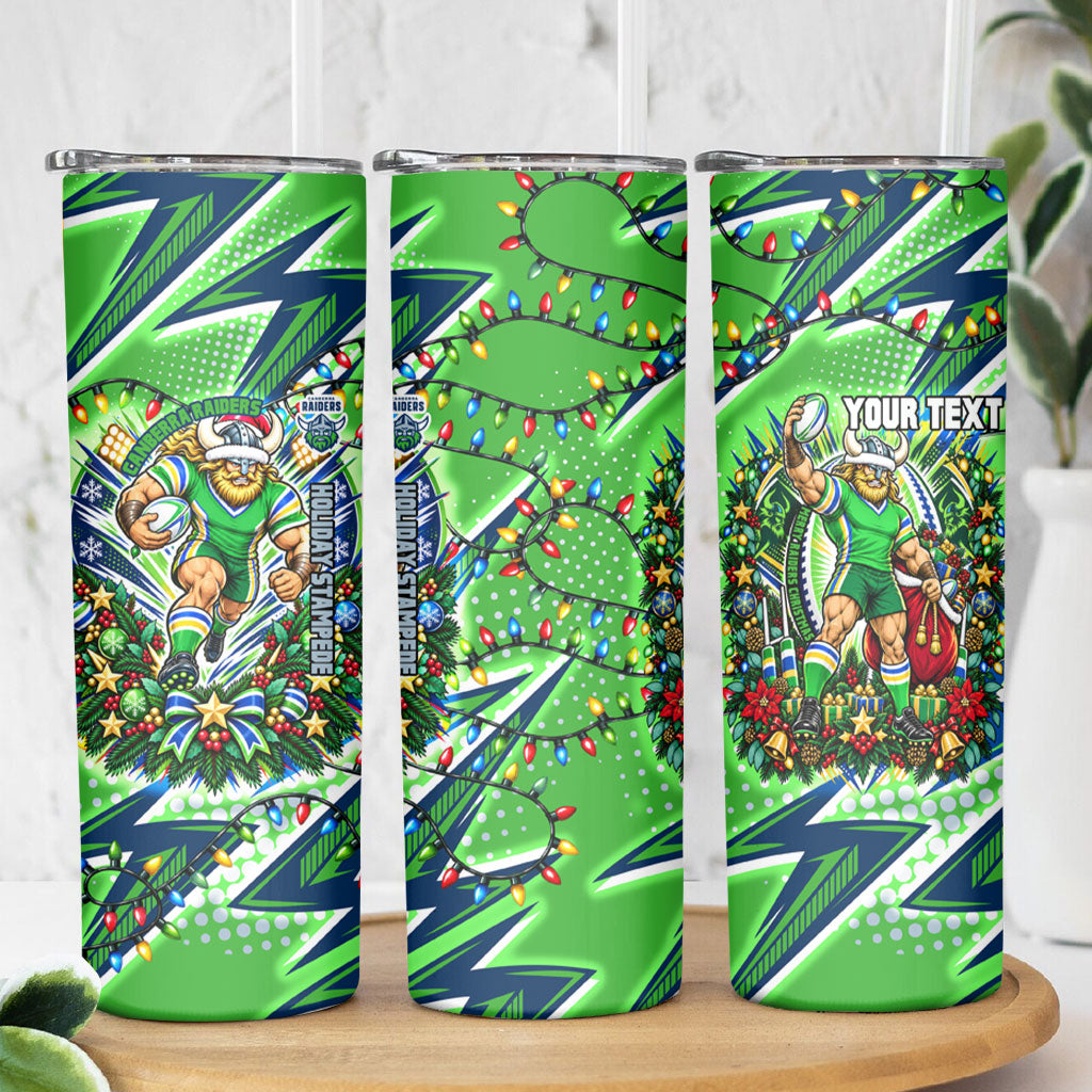 Personalized Canberra Raiders Rugby Christmas Skinny Tumbler Holiday Mascot Graphic Art Festive Lights Bow