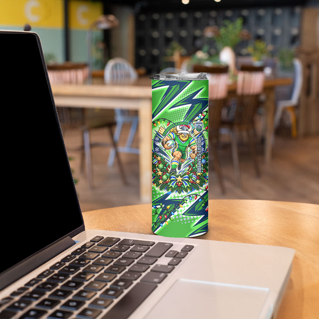 Personalized Canberra Raiders Rugby Christmas Skinny Tumbler Holiday Mascot Graphic Art Festive Lights Bow