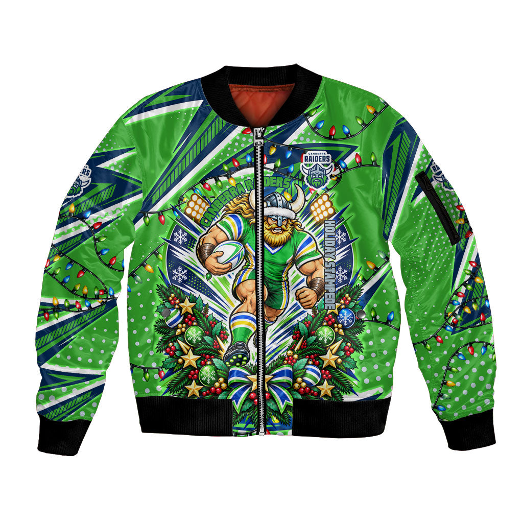 Personalized Canberra Raiders Rugby Christmas Sleeve Zip Bomber Jacket Holiday Mascot Graphic Art Festive Lights Bow