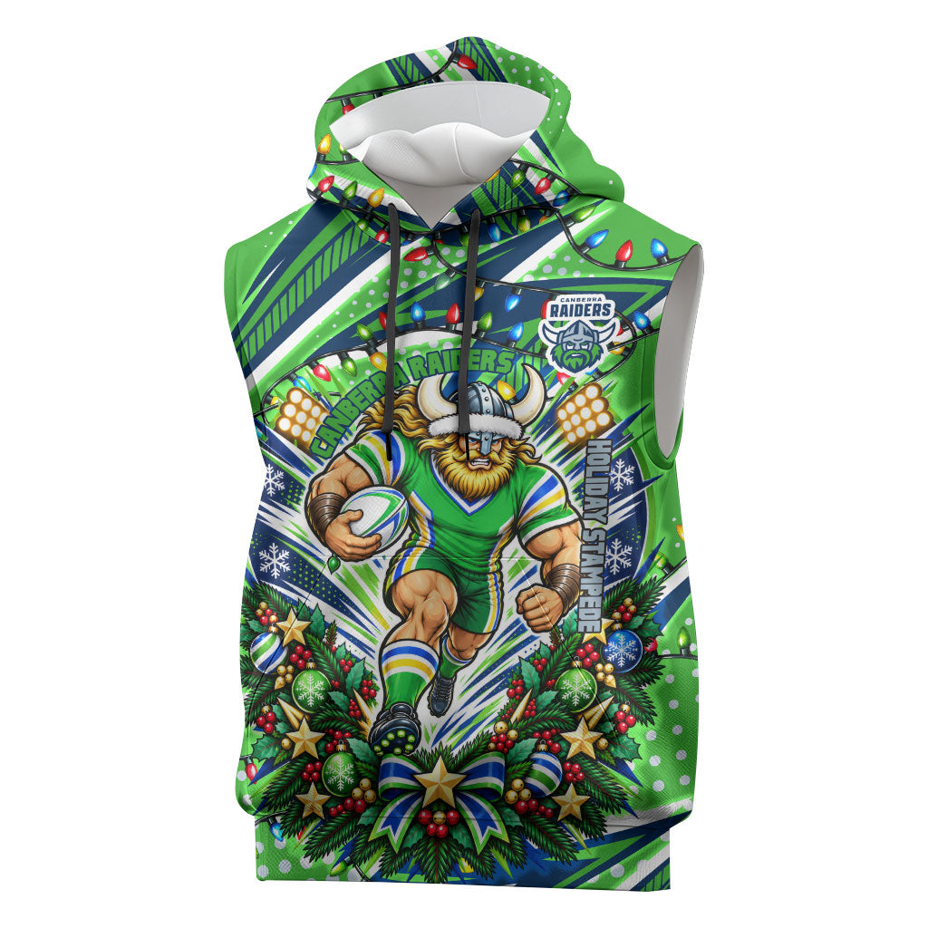 Personalized Canberra Raiders Rugby Christmas Sleeveless Hoodie Holiday Mascot Graphic Art Festive Lights Bow