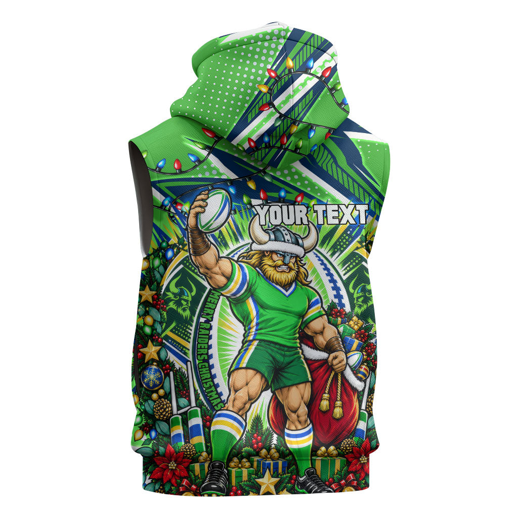 Personalized Canberra Raiders Rugby Christmas Sleeveless Hoodie Holiday Mascot Graphic Art Festive Lights Bow