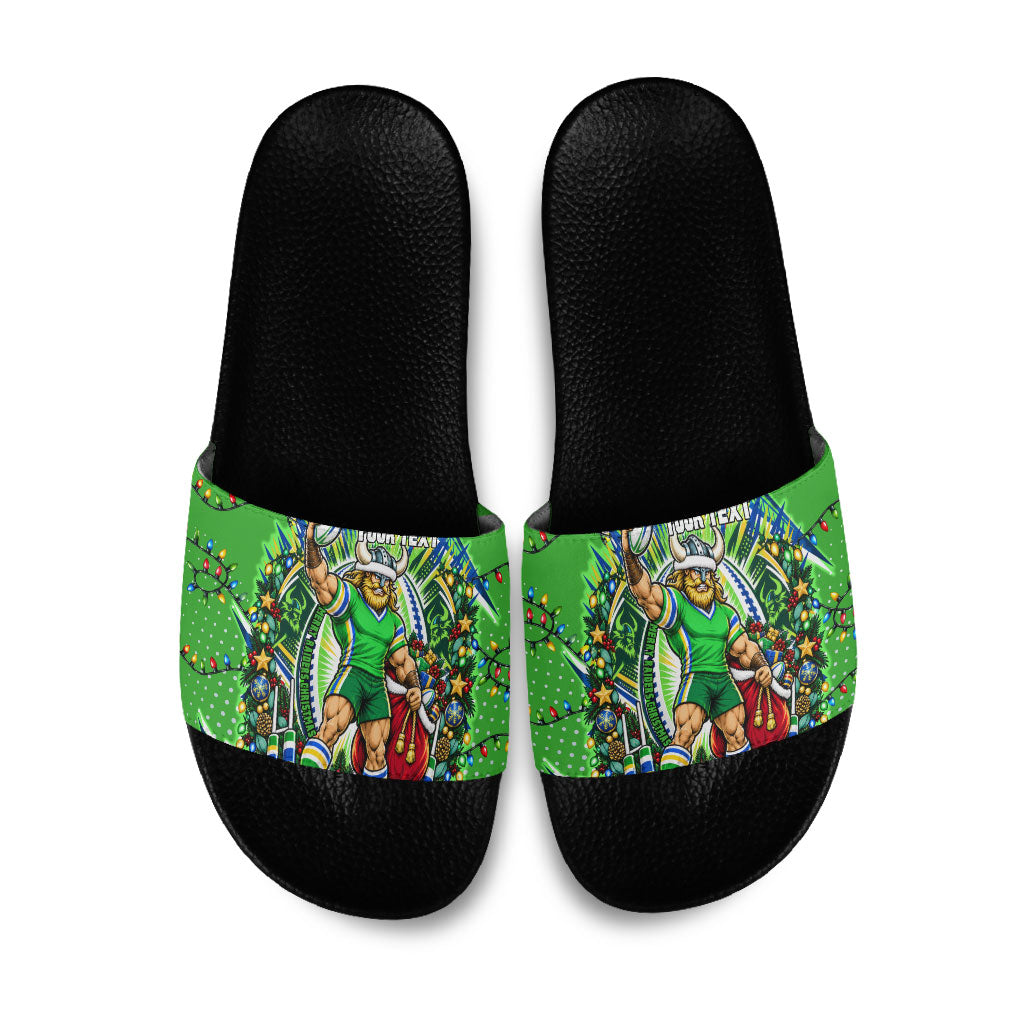 Personalized Canberra Raiders Rugby Christmas Slide Sandals Holiday Mascot Graphic Art Festive Lights Bow