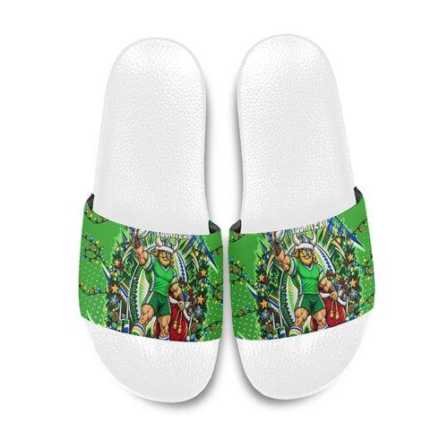 Personalized Canberra Raiders Rugby Christmas Slide Sandals Holiday Mascot Graphic Art Festive Lights Bow