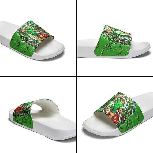 Personalized Canberra Raiders Rugby Christmas Slide Sandals Holiday Mascot Graphic Art Festive Lights Bow